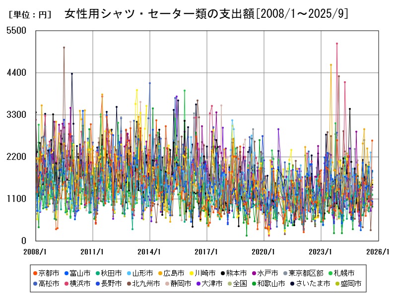 女性用シャツ・セーター類の支出額